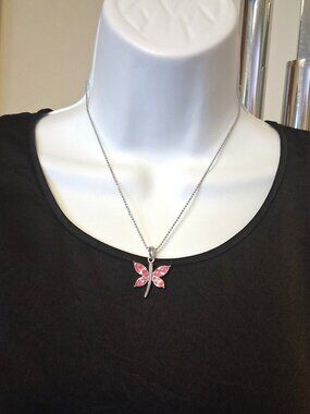 Vintage Artistic Butterfly Pendant Pink Austrian Crystal Silver-Plated Necklace